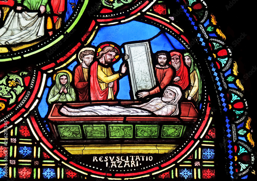 Raising of Lazarus, stained glass window from Saint Germain-l'Auxerrois church in Paris, France 