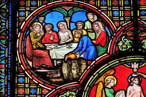 Wedding at Cana, stained glass window from Saint Germain-l'Auxerrois church in Paris, France