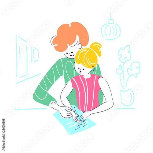Vector color picture. Home schooling. Little girl and mother together.