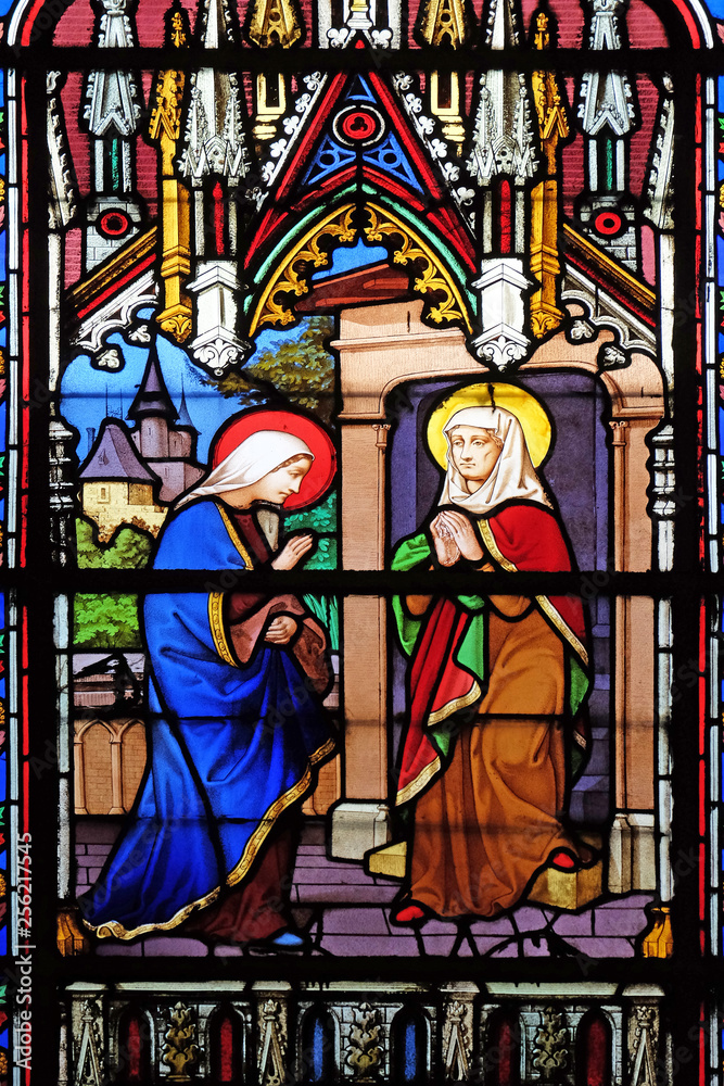 Visitation of the Virgin Mary stained glass windows in the Saint Eugene - Saint Cecilia Church, Paris, France 
