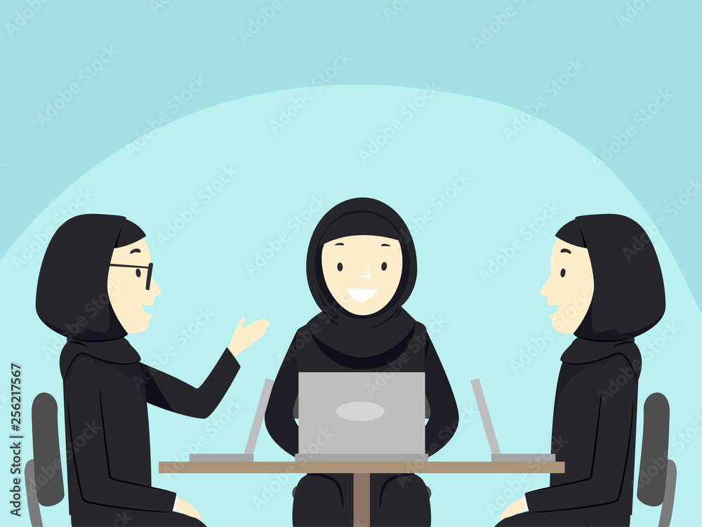 Fototapeta premium Girls Hijab Laptop Discuss Qatar Illustration