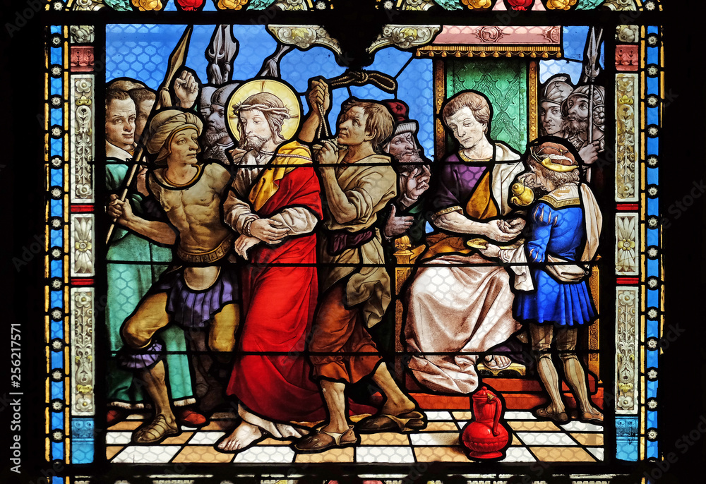 1st Stations of the Cross, Jesus is condemned to death, stained glass windows in the Saint Eugene - Saint Cecilia Church, Paris, France 