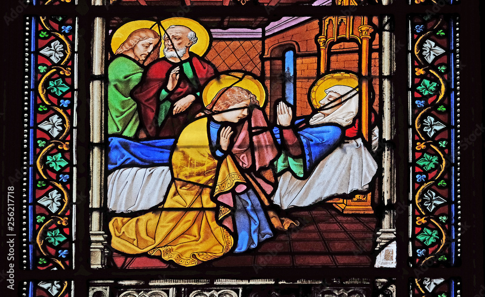 Death of the Virgin Mary, stained glass windows in the Saint Eugene - Saint Cecilia Church, Paris, France 
