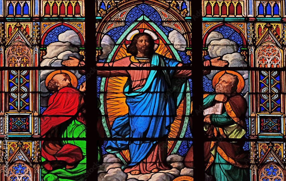 Transfiguration of Jesus, stained glass windows in the Saint Eugene - Saint Cecilia Church, Paris, France 