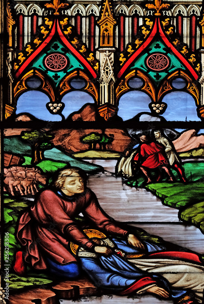 Fototapeta premium Scenes from the life of Saint Eugene, stained glass windows in the Saint Eugene - Saint Cecilia Church, Paris, France 