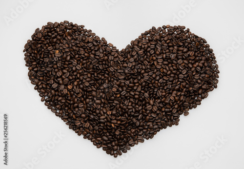 Roasted coffee beans in the form of heart
