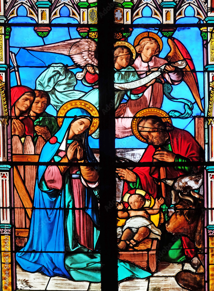 Nativity Scene, Birth of Jesus, stained glass windows in the Saint Eugene - Saint Cecilia Church, Paris, France 
