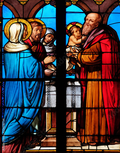 Presentation of Jesus at the Temple, stained glass windows in the Saint Eugene - Saint Cecilia Church, Paris, France 