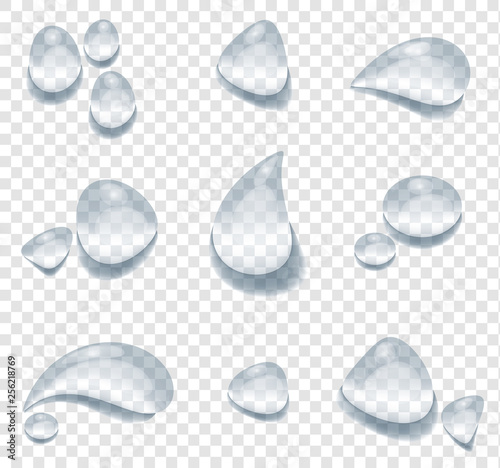 Different shape of water drops vector on transparency background. Glass bubble drop condensation surface, element design clean drop splash