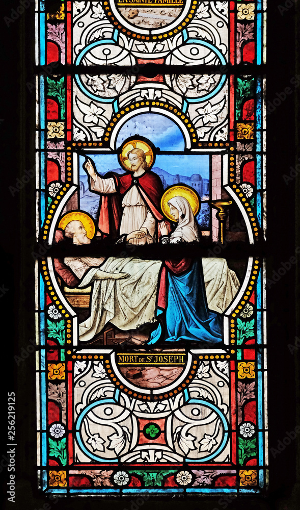 Death of Saint Joseph, stained glass windows in the Saint Nicholas des Champs Church, Paris, France