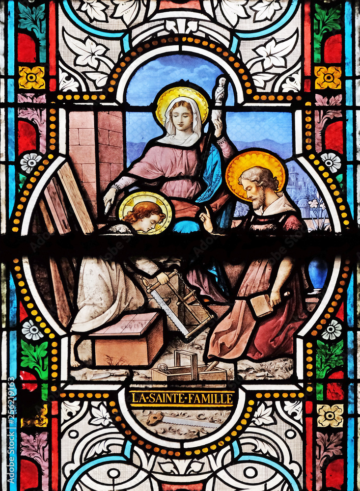 Holy Family, stained glass windows in the Saint Nicholas des Champs Church, Paris, France 
