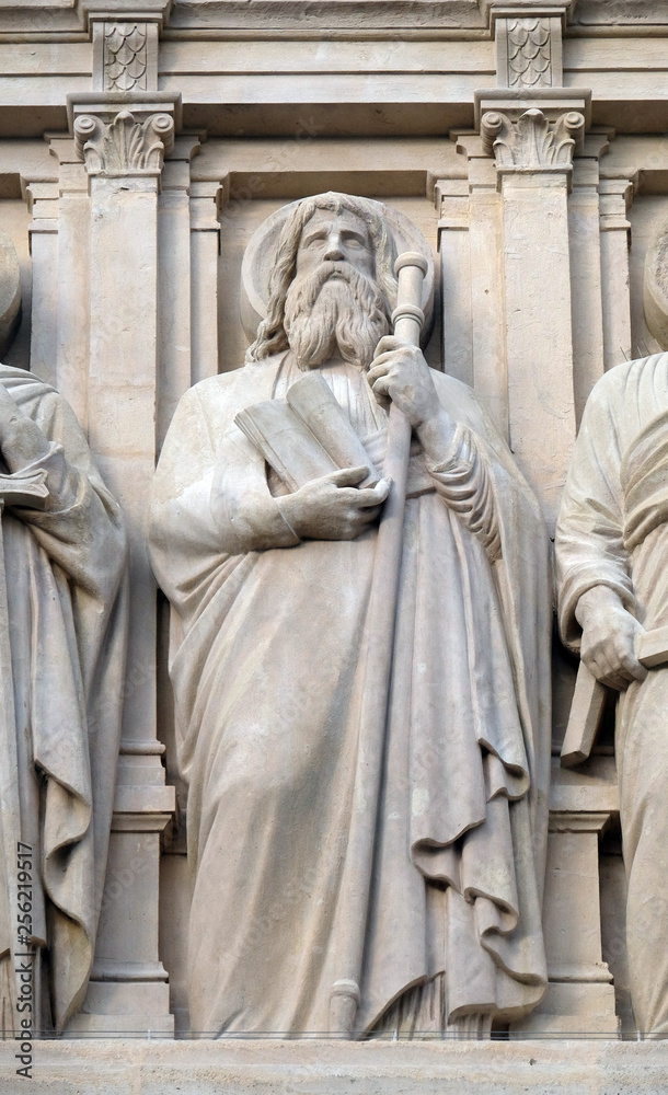 Apostle, statue on the facade of Saint Augustine church in Paris, France