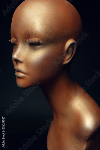 Closeup studio shot of colored woman mannequin with stylish decoration, dark background