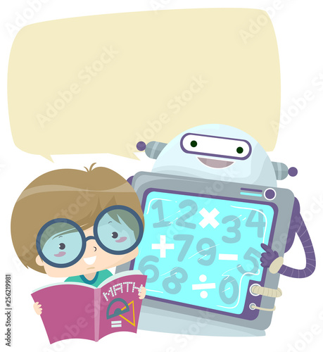 Kid Boy Robot Math Study Numbers Illustration