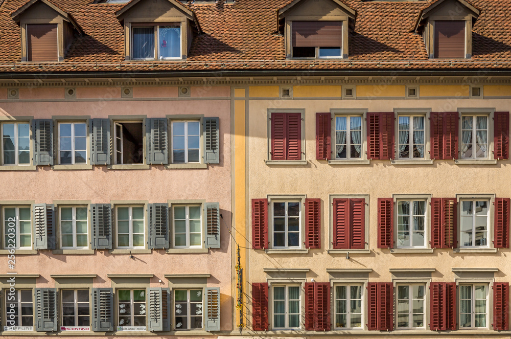 Historic Building Facade in Rapperswil. Historic town center of Rapperswil, rural town on Lake Zurich.