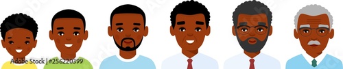 Set of african american age group avatars man in colorful style. All age group of african american people. Generations man. Stages of development people - infancy, childhood, youth, maturity, old age.