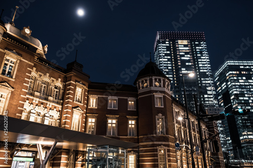 夜の東京駅を見上げる