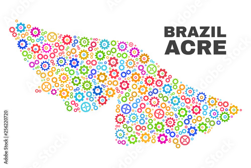 Mosaic technical Acre State map isolated on a white background. Vector geographic abstraction in different colors. Mosaic of Acre State map combined of random multi-colored cogwheel elements.