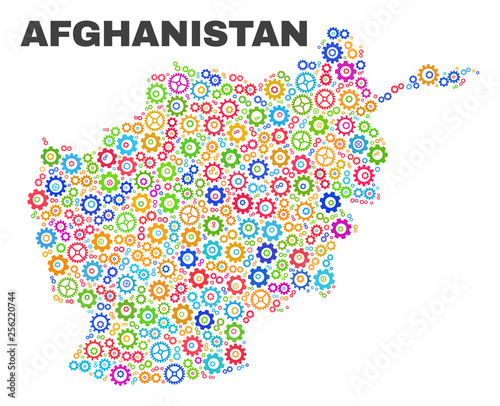 Mosaic technical Afghanistan map isolated on a white background. Vector geographic abstraction in different colors. Mosaic of Afghanistan map designed from scattered multi-colored cog items.