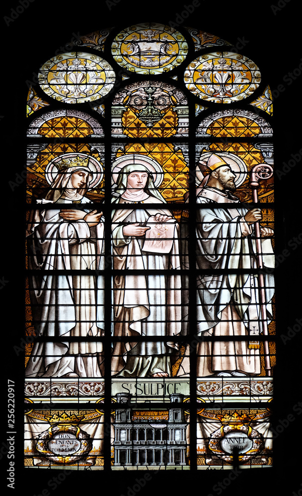  Saint Sulpitius, stained glass window in the Saint Augustine church in Paris, France