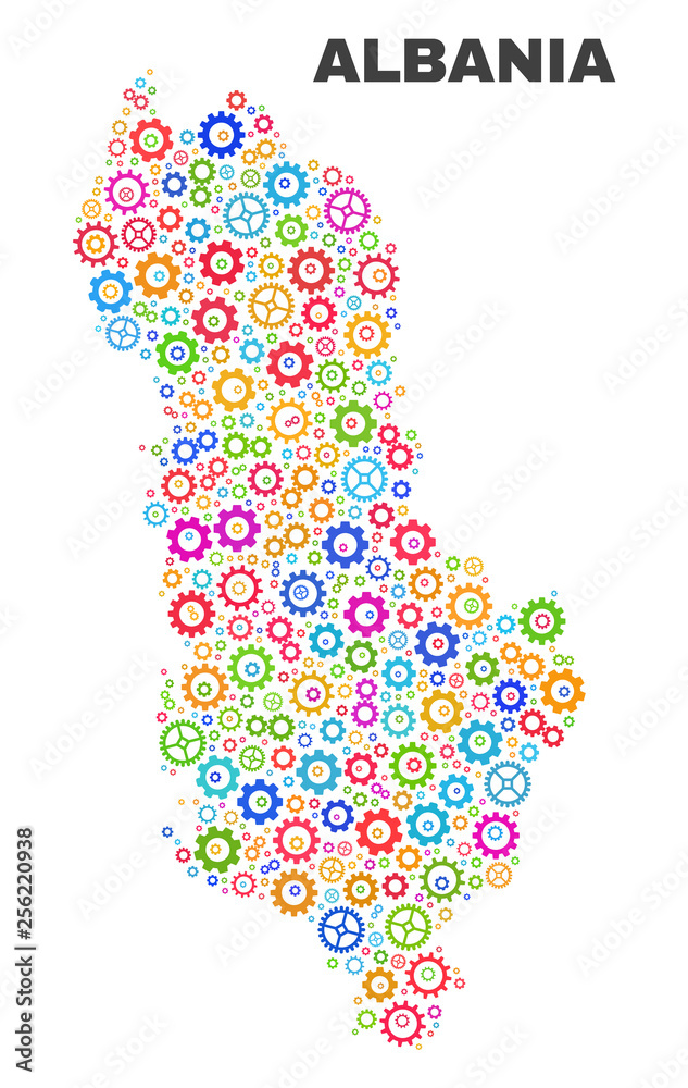 Mosaic technical Albania map isolated on a white background. Vector geographic abstraction in different colors. Mosaic of Albania map combined of scattered multi-colored cog elements. Mosaic technical Albania map isolated on a white background. Vector geographic abstraction in different colors. Mosaic of Albania map combined of scattered multi-colored cog elements.