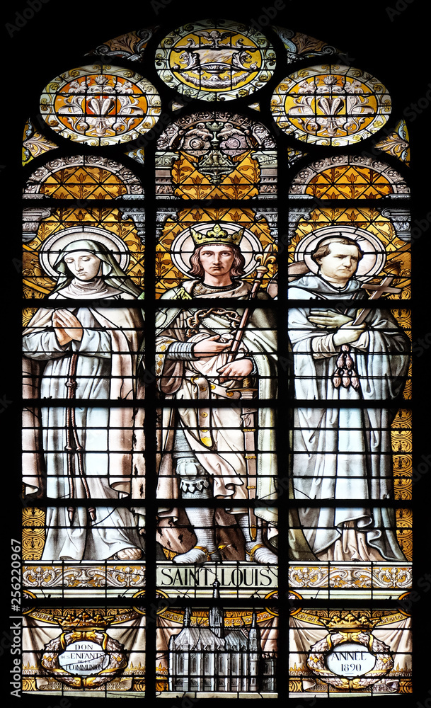 Saint Louis, stained glass window in the Saint Augustine church in Paris, France 