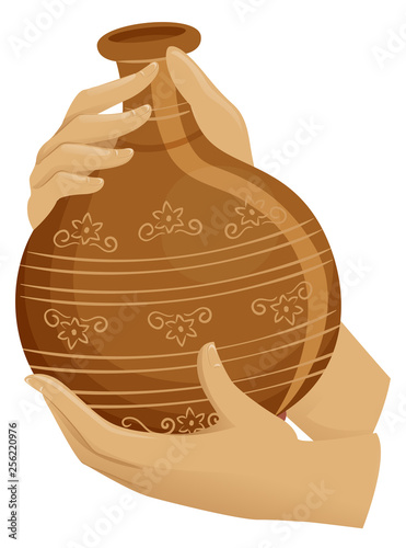 Hands Hold Pot Earthen Jar Illustration