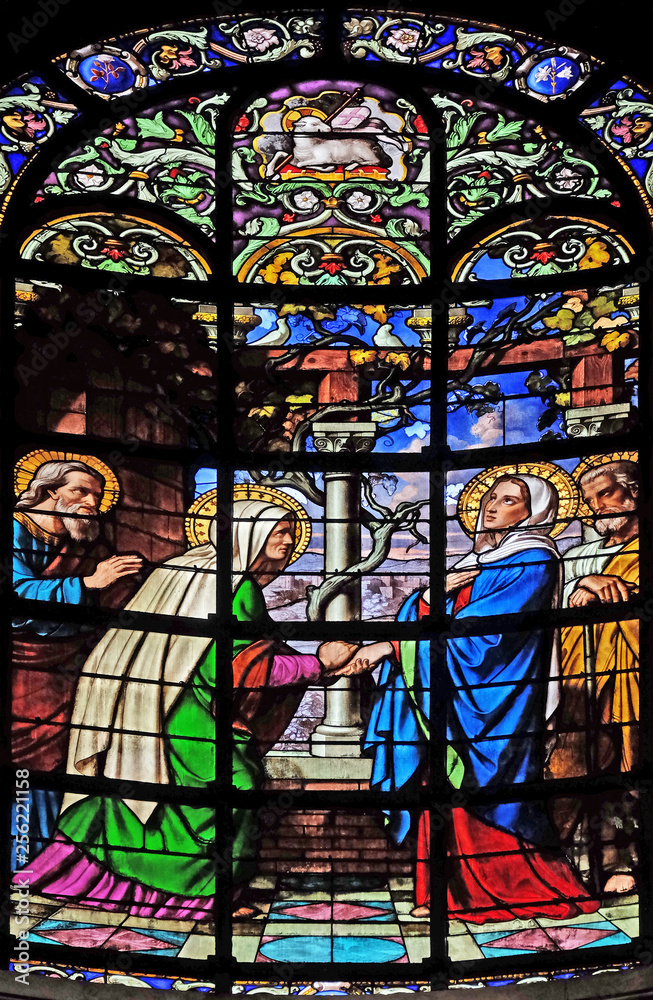 Visitation of the Virgin Mary, stained glass window in the Saint Augustine church in Paris, France