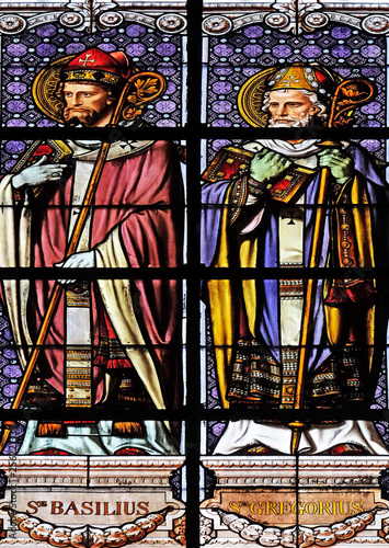 Saint Basil and Saint Gregory, stained glass window in the Saint Augustine church in Paris, France 
