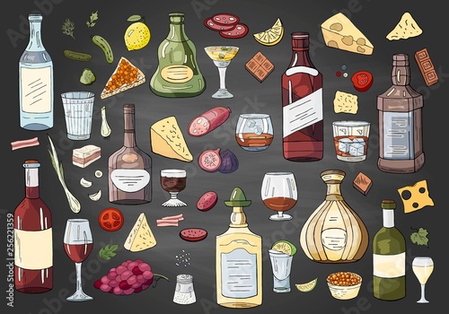Big hand drawn different alcohol bottles and drinks on black background. Vector alchol drinks collection