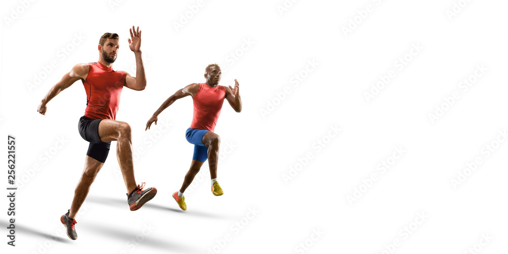 Fototapeta premium Isolated Male athletes sprinting. Men on white background in sport clothes run
