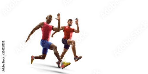 Isolated Male athletes sprinting. Men on white background in sport clothes run