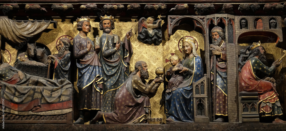 Intricately carved and painted frieze inside Notre Dame Cathedral depicting Adoration of the Magi, UNESCO World Heritage Site in Paris, France 