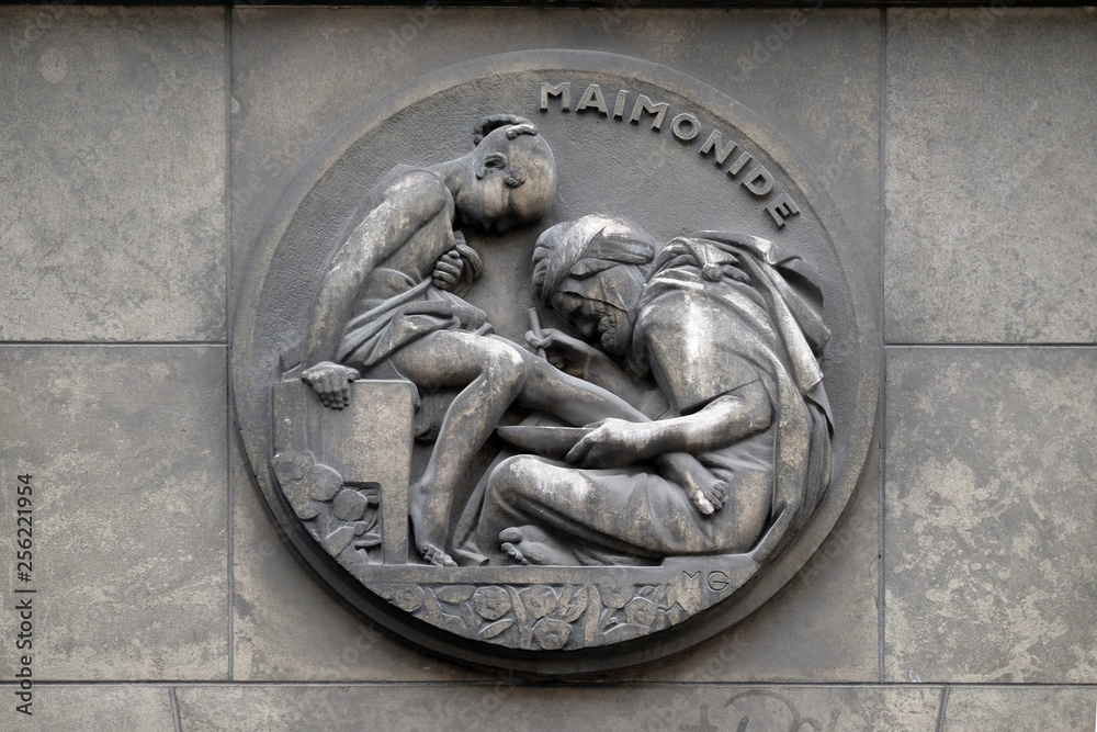 Maimonides, the real name of Mose ben Maimon, the Jewish philosopher, theologian and physician. Stone relief at the building of the Faculte de Medicine Paris