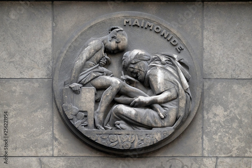 Maimonides, the real name of Mose ben Maimon, the Jewish philosopher, theologian and physician. Stone relief at the building of the Faculte de Medicine Paris photo