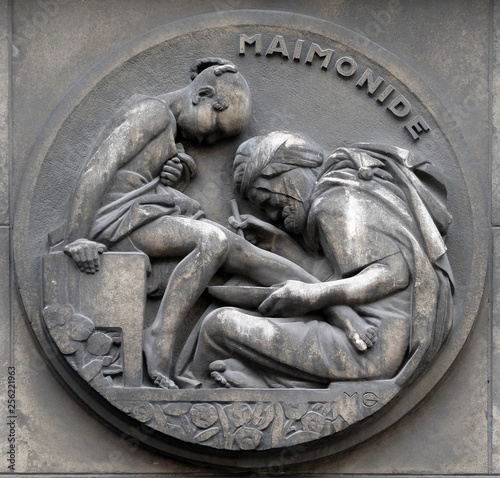Maimonides, the real name of Mose ben Maimon, the Jewish philosopher, theologian and physician. Stone relief at the building of the Faculte de Medicine Paris photo