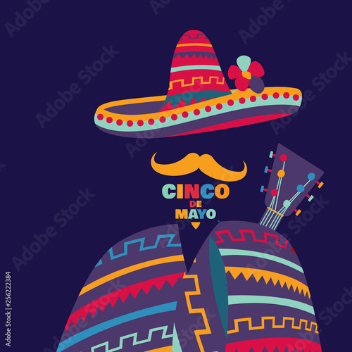 Vector illustration for the holiday of Cinco de Mayo. Design with lettering, and national elements of the holiday.