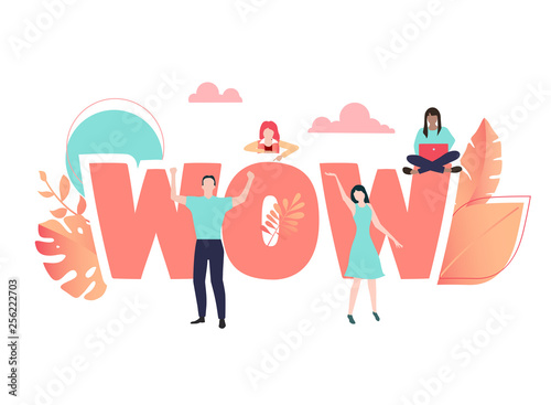 Coral wow sign or poster with people on white background.