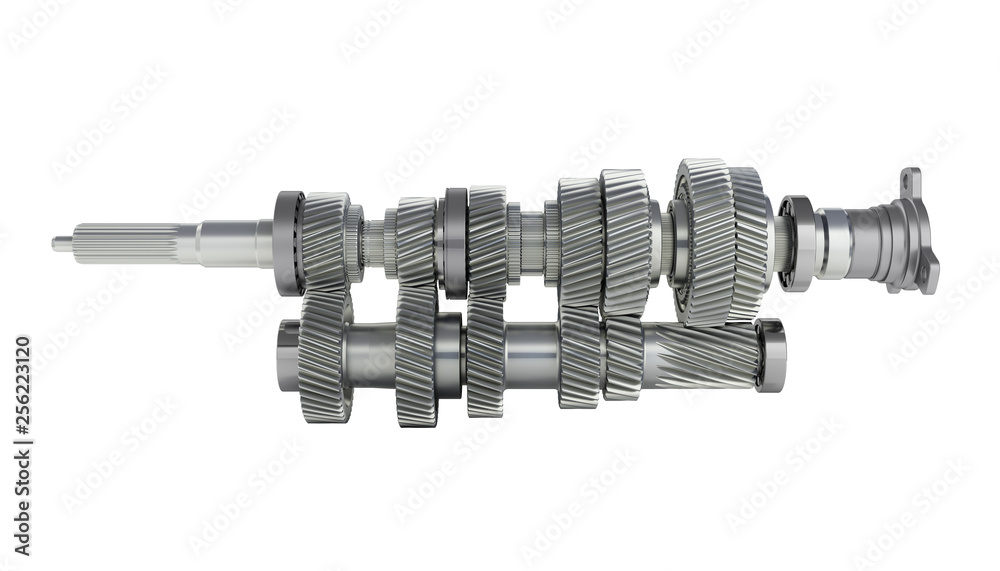 Automotive transmission gearbox Gears inside on white background 3d render without shadow Automotive transmission gearbox Gears inside on white background 3d render without shadow