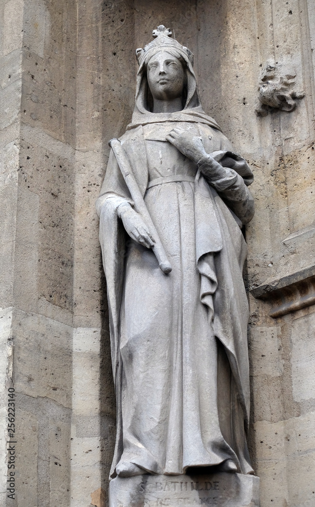 Saint Bathilde statue on the portal of the Saint Germain l'Auxerrois church in Paris, France
