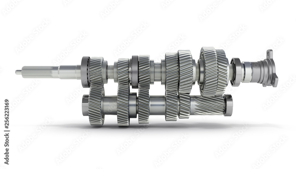 Automotive transmission gearbox Gears inside on white background 3d render  Stock Illustration