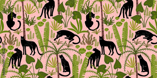 Vestor seamless pattern with panthers and tropical leaves.