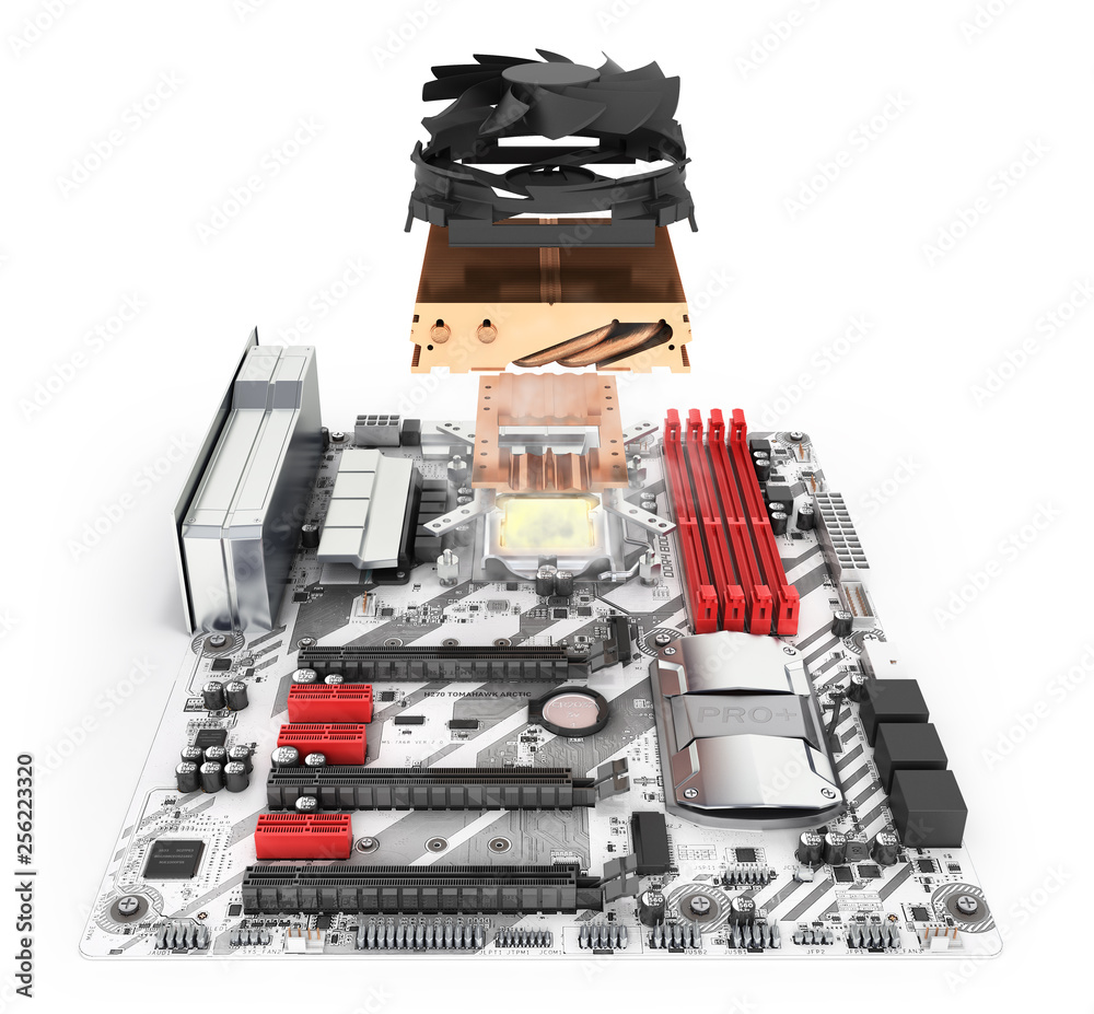Simulation of CPU overheating Motherboard complete with processor and