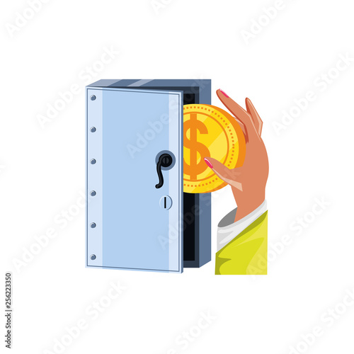 hand with coin and safe box security