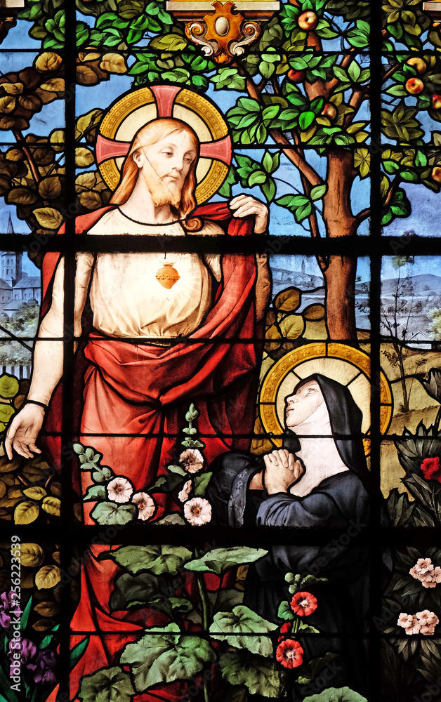 Apparition of the Sacred Heart to Marguerite Marie Alacoque, stained glass windows in the Saint Gervais and Saint Protais Church, Paris, France