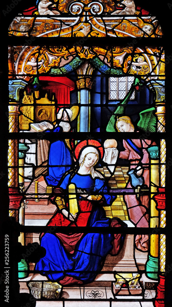 Virgin Mary at the temple, stained glass windows in the Saint Gervais and Saint Protais Church, Paris, France