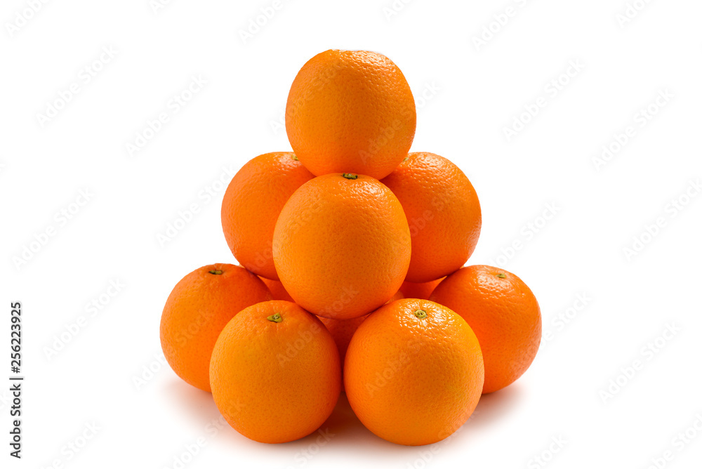 Pyramid of Oranges isolated on white background.