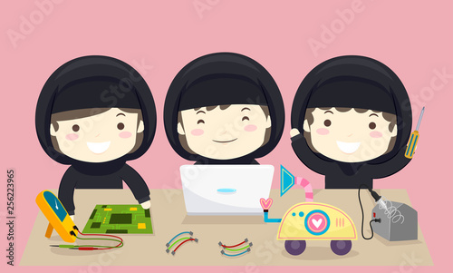 Kids Girls Muslim Team Robotics Illustration