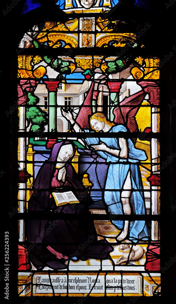 St. Anne received the vision of the angel who announced the birth of Mary, stained glass windows in the Saint Gervais and Saint Protais Church, Paris