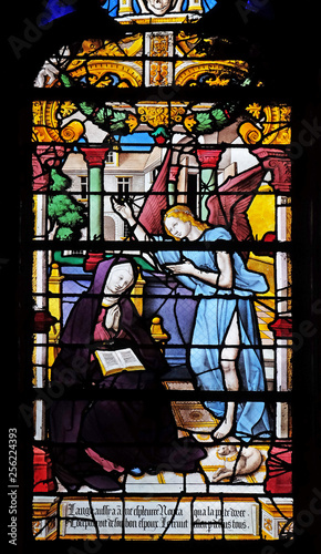 St. Anne received the vision of the angel who announced the birth of Mary, stained glass windows in the Saint Gervais and Saint Protais Church, Paris